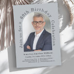 Enkel fotopatch 60:e Födelsedagsfesten Inbjudningar<br><div class="desc">Den här moderna 60:e födelsedagsfest inbjudan är lika unik som den person som firas och har en fantastisk ljusbågsformad fotomall som anpassar sig till din hederes bild. En dammig blå bakgrund gör utformningen färgstark. Den anpassningsbar textmallen med text som springa längs fotomets yttre kant har en underbar modern dragningskraft. Anpassa...</div>