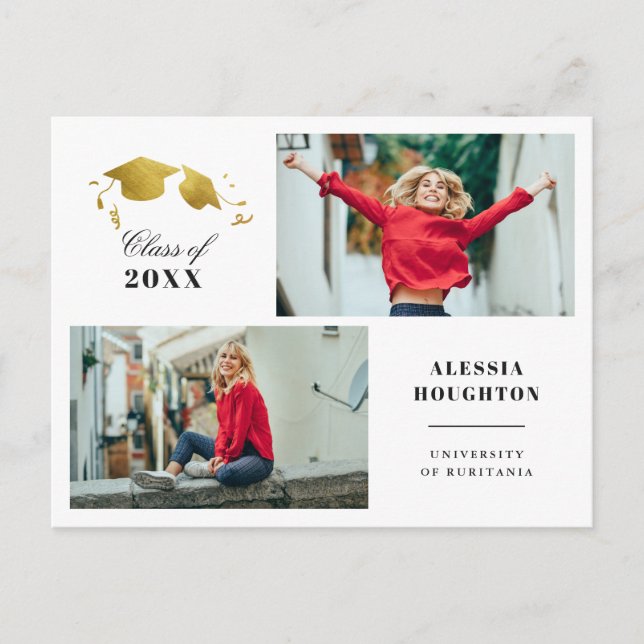 Enkel fotoStudentfest för Studentmössor i Guld Inbjudan Vykort (Framsida)