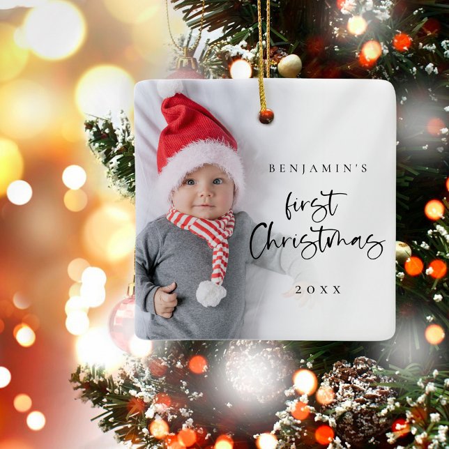 Enkel fotoutfoto i Baby 1:a julskript Namn Year Julgransprydnad Keramik (The same design is on both sides)
