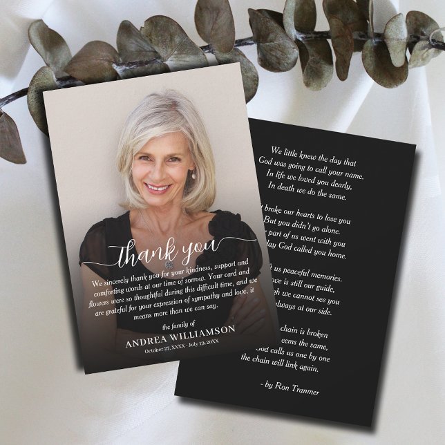 Enkel funktionsfotosympati tack kort (Simple funeral flat thank you notes, photo and thank you on the front and poem/prayer  on the back.)