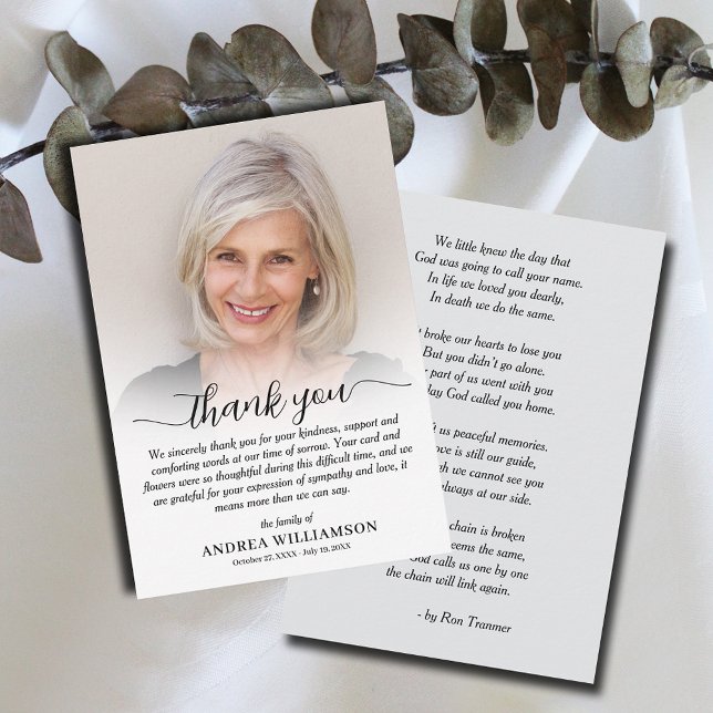 Enkel funktionsfotosympati tack kort (Simple funeral flat thank you notes, photo and thank you on the front and poem/prayer  on the back.)