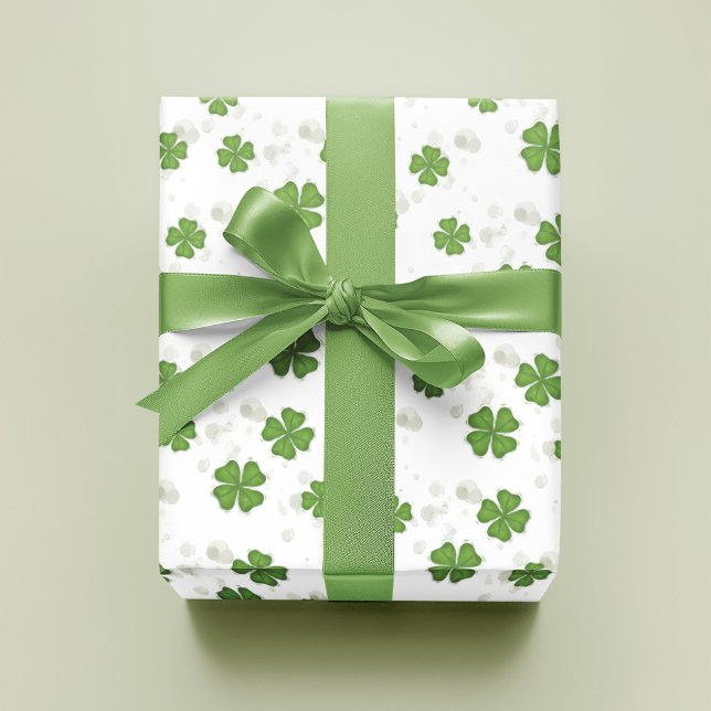 Enkel Fyrklöver Grönt, vattenfärgsljud Presentpapper (Green shamrock clover pattern wrapping paper.)