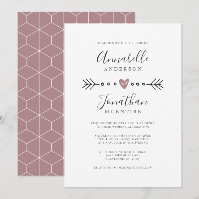 Enkel geometri Heart och Arrow Dusty Ro Bröllop Inbjudningar (Fram/baksida)