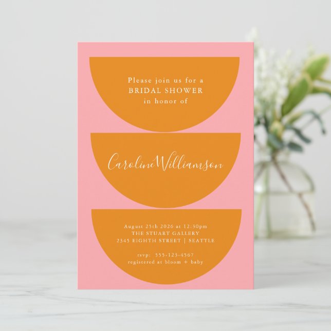 Enkel Geometrisk Rosa Orange Modern Bröllopsdusch Inbjudningar (Stående Fram)