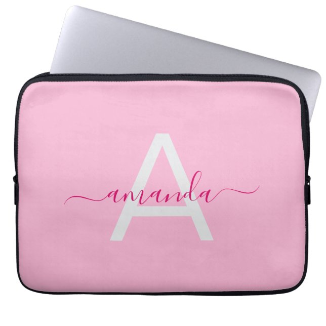 Enkel Girly Rosa Personlig Namn & Monogram Laptop Fodral (Framsidan)