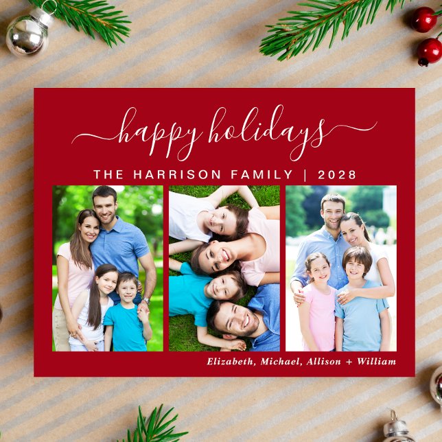 Enkel Glad helg 3-fotovykort för Helgdag (This holiday season, let the magic of your cherished moments unfold with our 3 photo Christmas card)