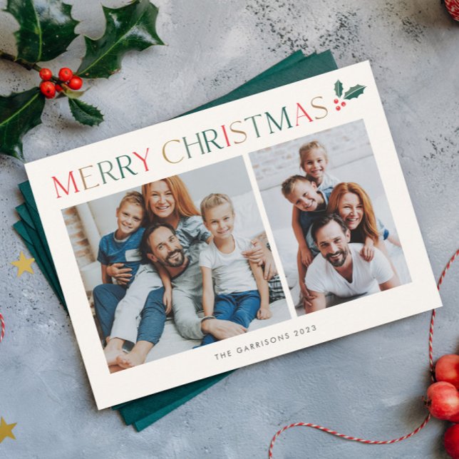 Enkel glad jul med 3 bilder i färg julkort (Simple 3 photo colorful typography merry christmas holiday card.)