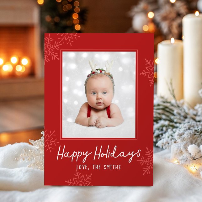 Enkel Glad jul Script Snöflingor Foto Julkort (Simple Happy Holidays Script Snowflakes Photo Holiday Card)