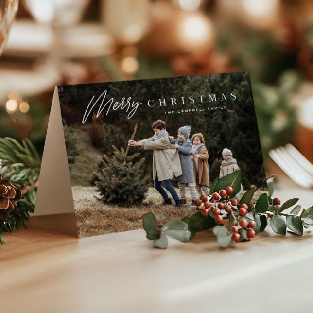 Enkel glad jul skript 3 foto  helgkort (Modern Merry Christmas 3 Photo Holiday Cards.)