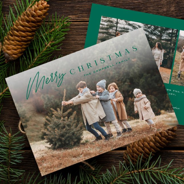 Enkel glad jul skript 3 foto  julkort (Simple modern green 3 photo overlay Christmas holiday card.)