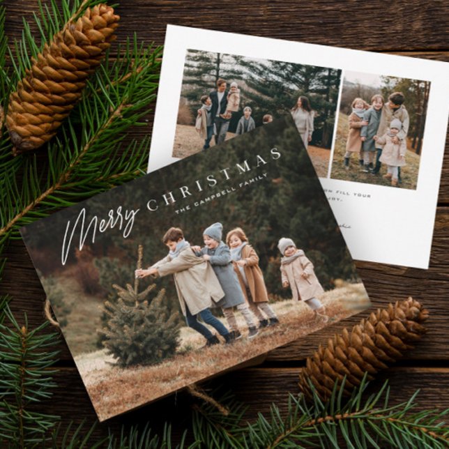 Enkel glad jul skript 3 foto  julkort (Simple script merry christmas full bleed photo christmas holiday card.)