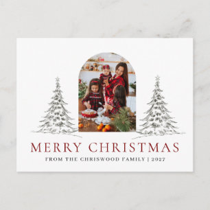 Enkel Glad Jul Tall Träd familjefoto Helg Vykort