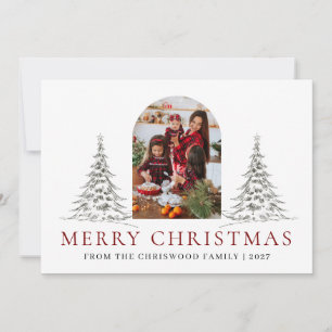 Enkel Glad Jul Tall Träd familjefoto Julkort
