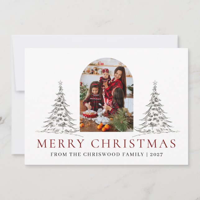 Enkel Glad Jul Tall Träd familjefoto Julkort (Framsida)