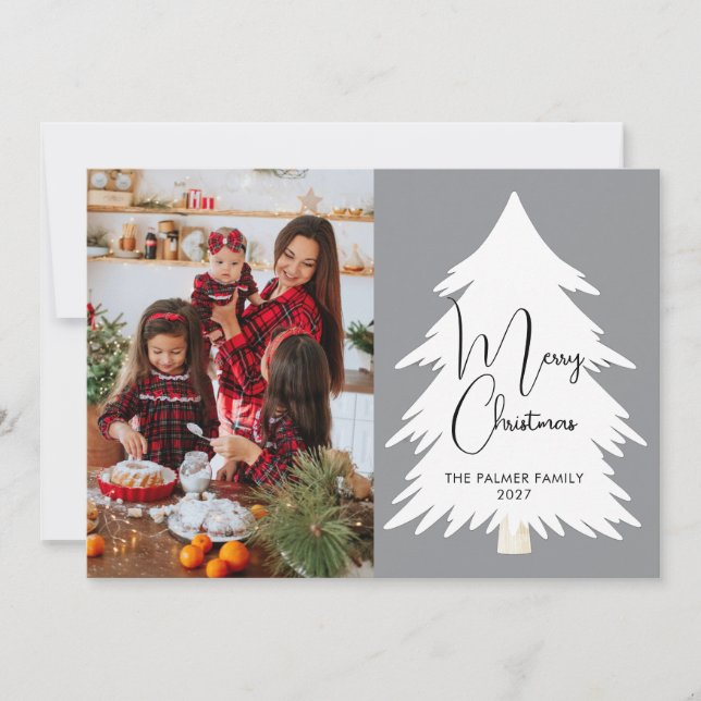 Enkel Glad Jul Tall Träd familjefoto Julkort (Framsida)