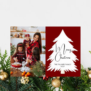 Enkel Glad Jul Tall Träd familjefoto Julkort