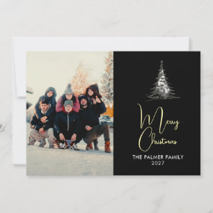 Enkel Glad Jul Tall Träd familjefoto Julkort