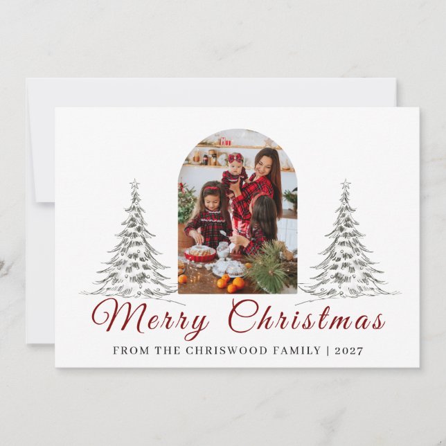 Enkel God Jul Tall Träd familjefoto Julkort (Framsida)