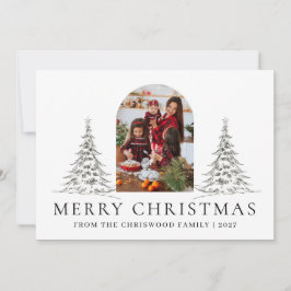 Enkel God Jul Tall Träd familjefoto Julkort