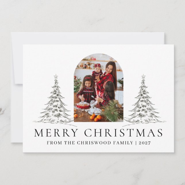 Enkel God Jul Tall Träd familjefoto Julkort (Framsida)