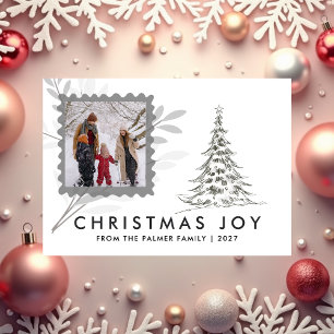 Enkel God Jul Tall Träd familjefoto Julkort