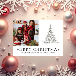 Enkel God Jul Tall Träd familjefoto Julkort