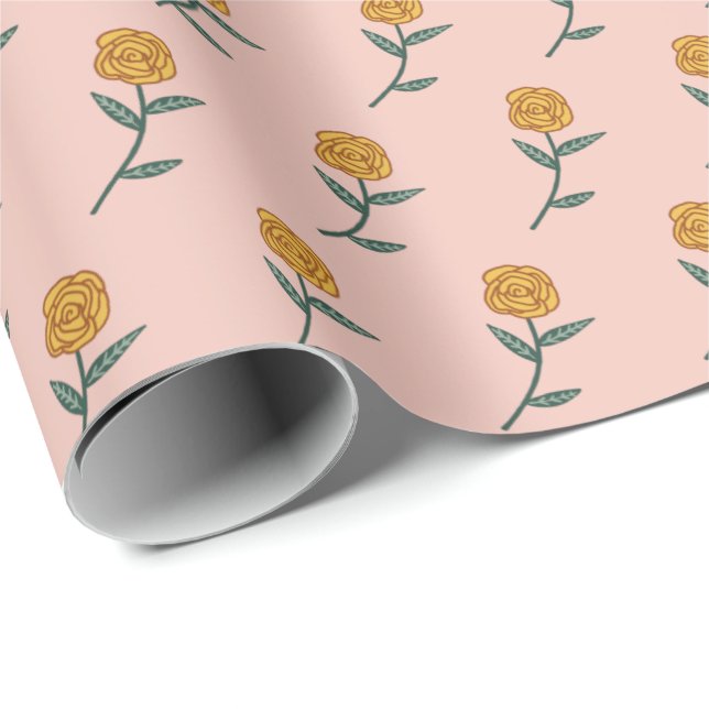 Enkel Golden Ro Ditsy Blommigt Rosa Helgdag Gift Presentpapper (Rullad Hörn)
