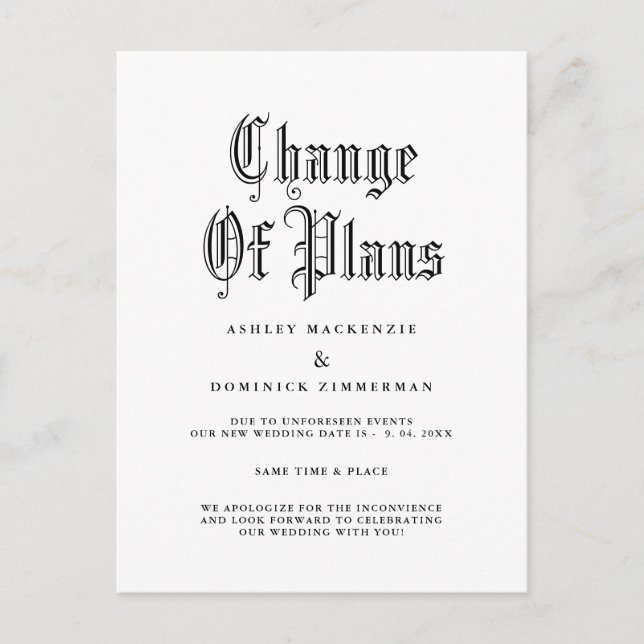 Enkel gotisk bröllopsuppdatering  meddelande vykort (Framsida)