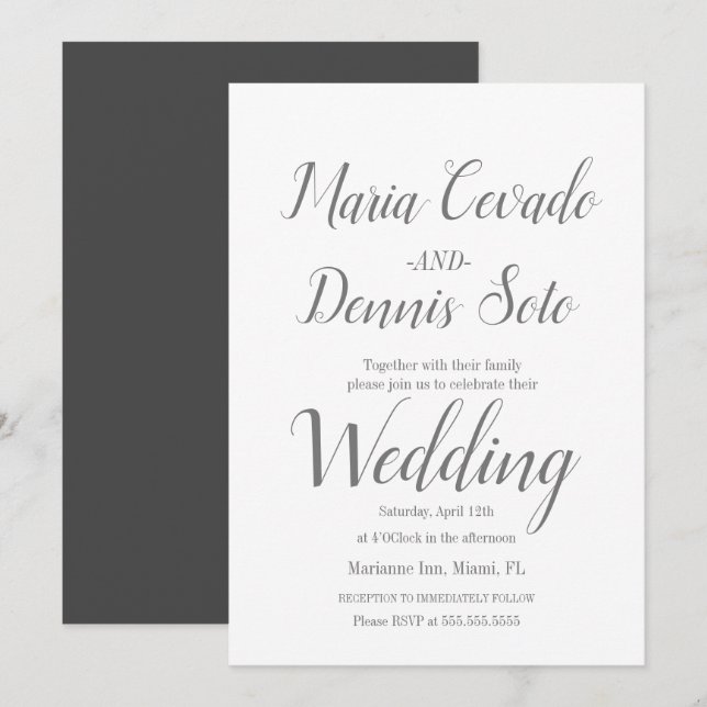 Enkel grå bokstavsskrift kalligrafi bröllop inbjudningar (Fram/baksida)