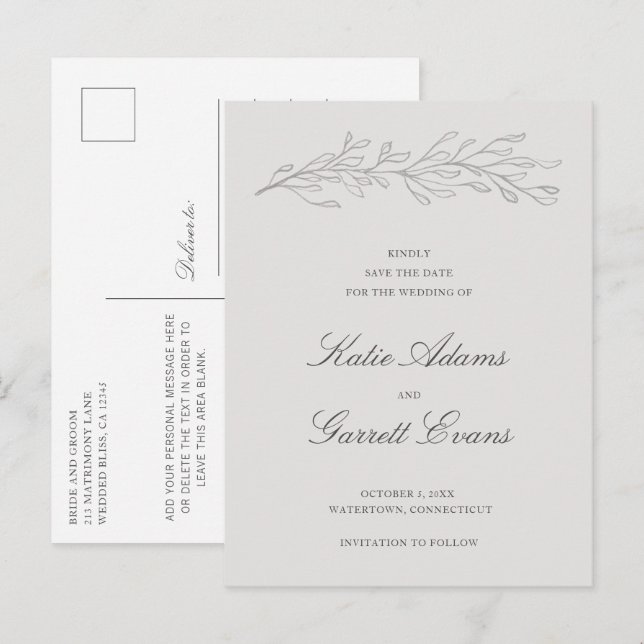 Enkel grå elegant bröllops-Save the Date Meddelande Vykort (Fram/baksida)