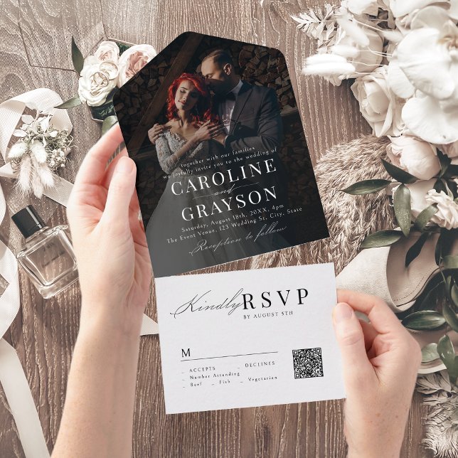 Enkel graciös skript typografi foto bröllop (Simple Graceful Script Typography Photo Wedding All In One Invitation)