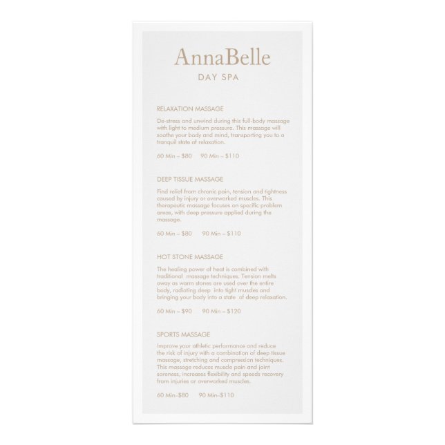 Enkel Grått Spa Salon Pris List-meny Reklamkort (Framsidan)