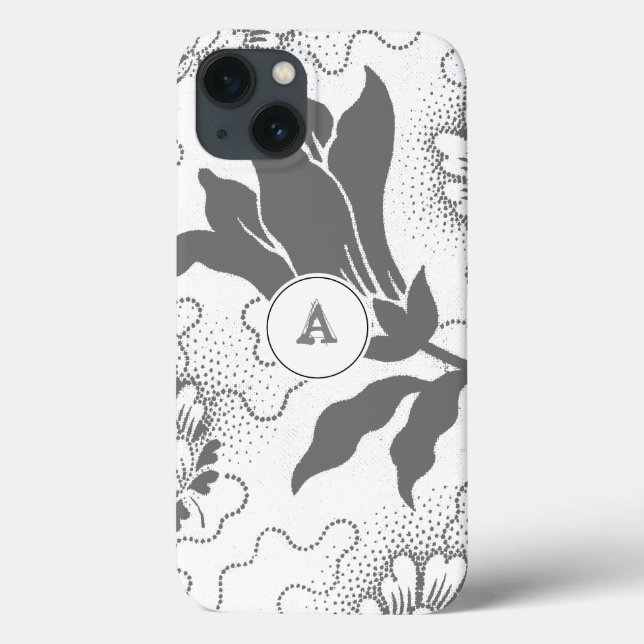 Enkel Grått White Blommigt-utskrift med Monogram (Baksida)