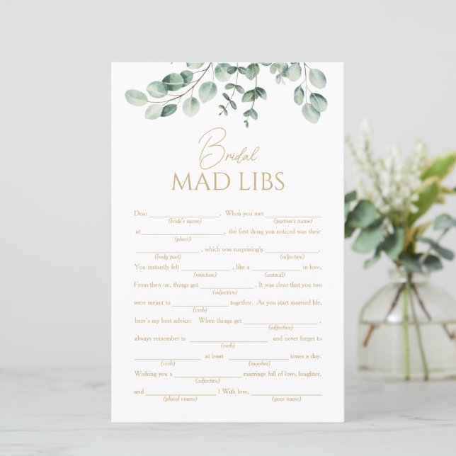 Enkel Greenery Bröllopsdusch Mad Libs Lek (Stående Fram)