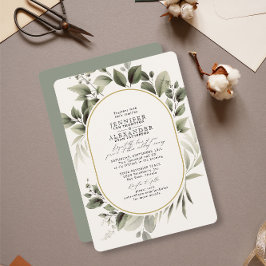 Enkel Greenery Eucalyptus Ivory Golden Bröllop Inbjudningar