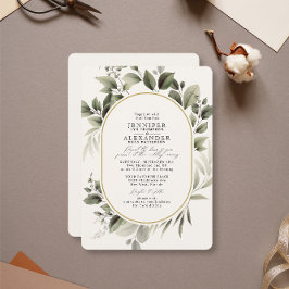 Enkel Greenery Eucalyptus Ivory Golden Bröllop Inbjudningar