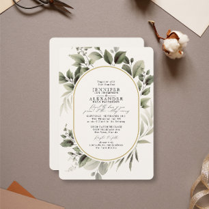 Enkel Greenery Eucalyptus Ivory Golden Bröllop Inbjudningar