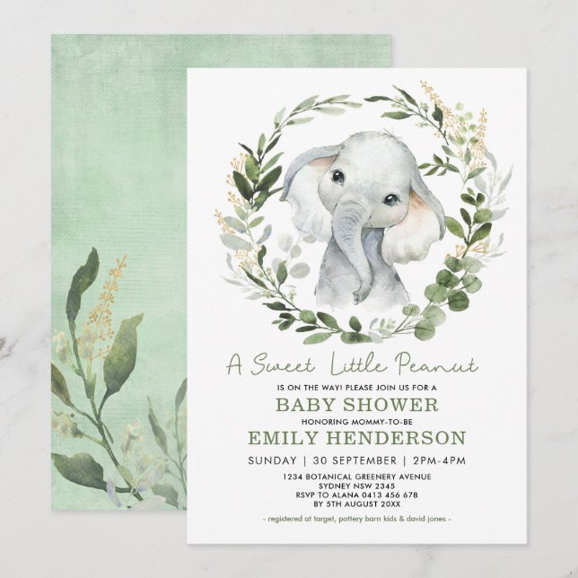 Enkel Greenery Guld Elephant Baby Shower Sprinkle Inbjudningar (Fram/baksida)