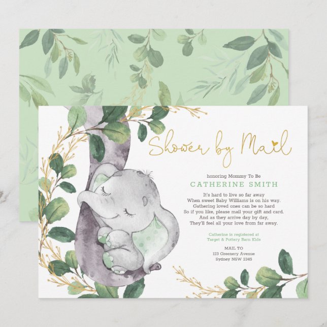 Enkel grey Guld Elephant Baby Shower by Mail Inbjudningar (Fram/baksida)