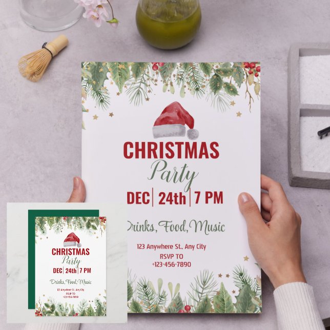 Enkel grön akvarell blomster julfest  inbjudningar (Simple Green Watercolor Floral Christmas Party Invitation)