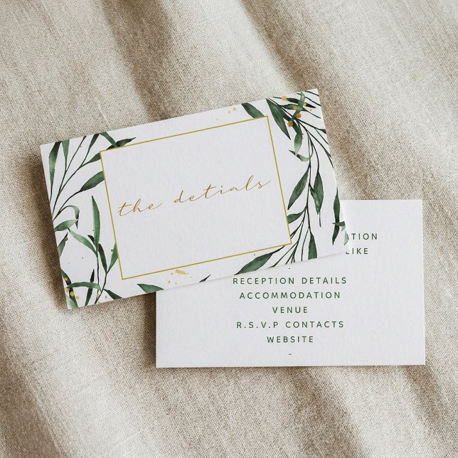 Enkel grön bladrik kant, "detaljerna" bröllop tilläggskort (Simple green leafy border, "the details" wedding enclosure card.)