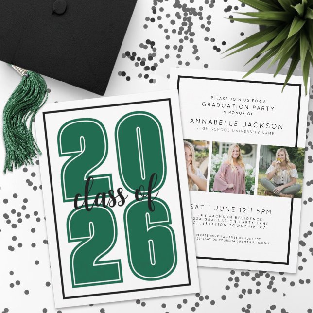 Enkel Grön Examensfoto Utexamination Inbjudningar (Simple Green Graduate Photo Graduation Invitation)