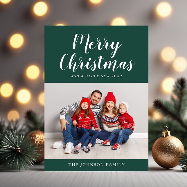 Enkel grön manus ett foto jul julkort (Simple Green Script One Photo Christmas Holiday Card)