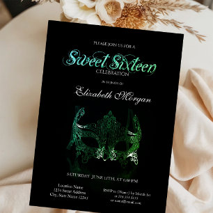 Enkel grön mask svart Sweet 16-inbjudan Inbjudningar