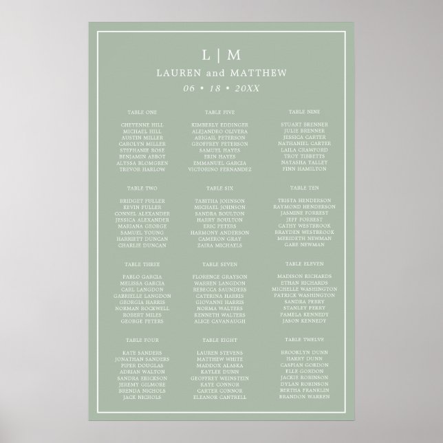 Enkel grön monogram bröllops sittplatskarta poster (Framsidan)