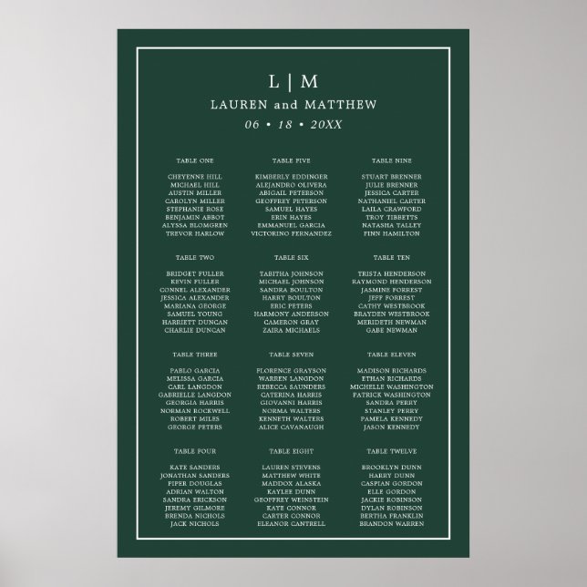 Enkel grön monogram sittplan för bröllop poster (Framsidan)
