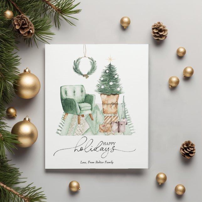 Enkel grön mysig julrums lägenhet julkort (Skapare uppladdad)