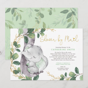 Enkel grönska Guld Elefant Baby Shower via post Inbjudningar