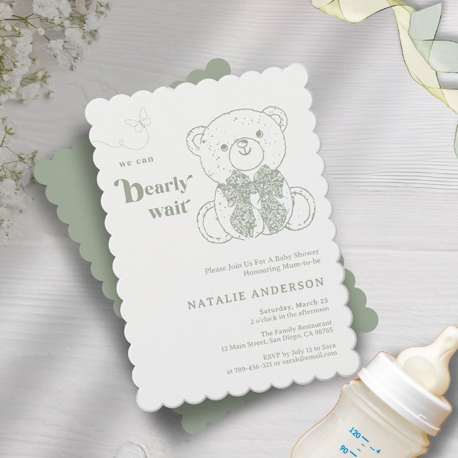 Enkel Grönt Bow vi kan ringa in vänta på babyskor Inbjudningar (Simple Green Bow We Can Bearly Wait Baby Shower Invitation)