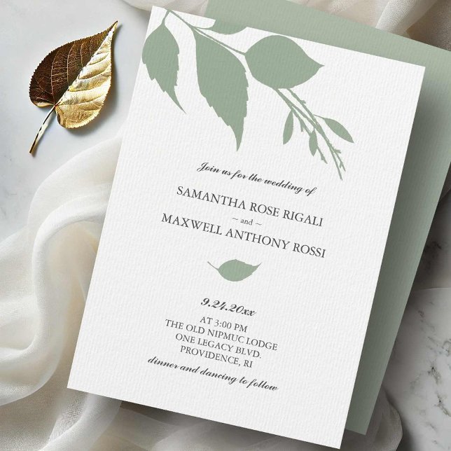 Enkel Grönt-bröllopsinbjudan Inbjudningar (Sage green wedding invitations modern minimalist leaves design Victoria Grigaliunas Do Tell A Belle)